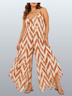 Ikat Chevron Wide Leg Handkerchief Hem Jumpsuit Rust Ivory XL MSK Boho Resort